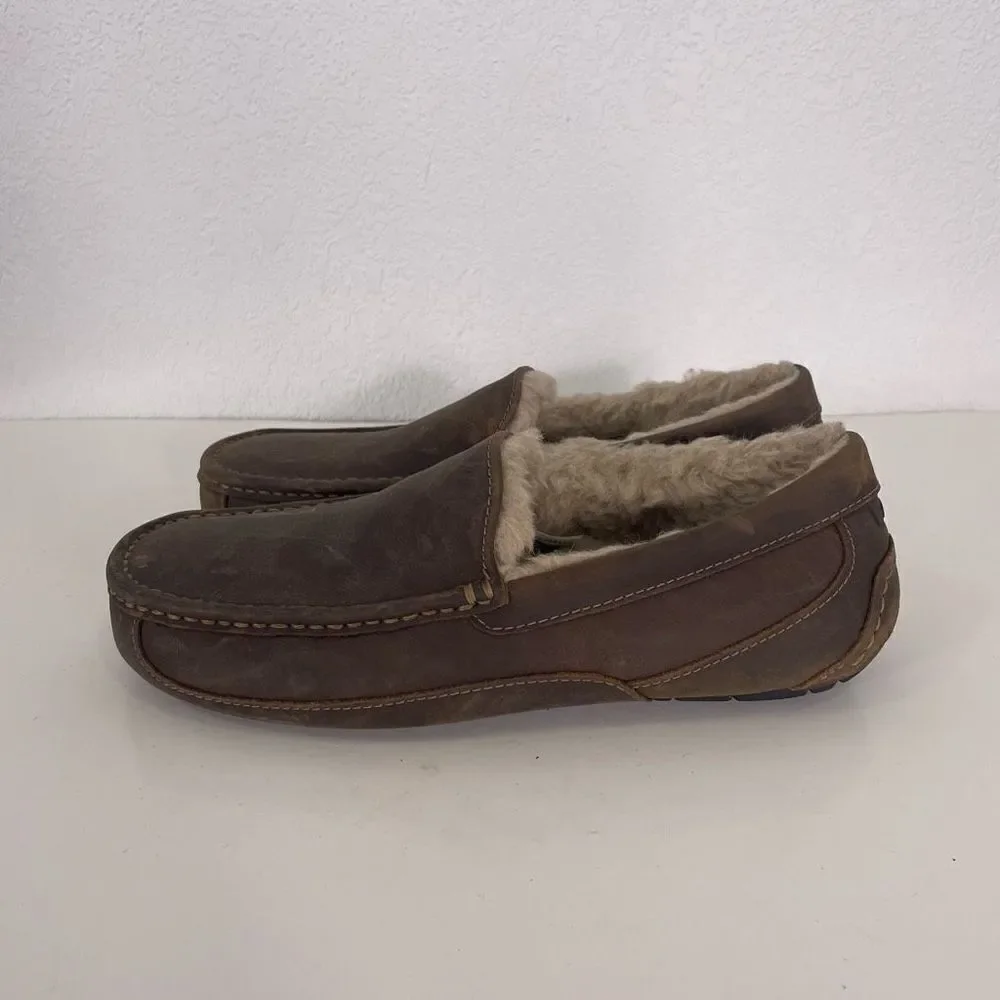 UGG‎ Brown Leather Fur Lined Slipper Shoes Men’s 10